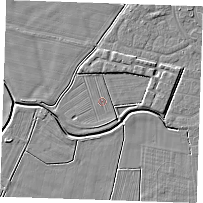 Shaded relief map of the ground around PE252FD, computed from Environment Agency LiDAR. The ground here sits at about 2 m above sea level and falls 5 m across the surrounding 800 m. Surface water reaching this point runs off ground lying to the north, 3.3 m higher.