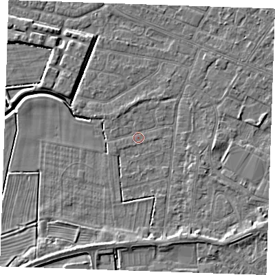 Shaded relief map of the ground around PE252HA, computed from Environment Agency LiDAR. The ground here sits at about 2 m above sea level and falls 5 m across the surrounding 800 m. Surface water reaching this point runs off ground lying to the north-north-west, 0.9 m higher.