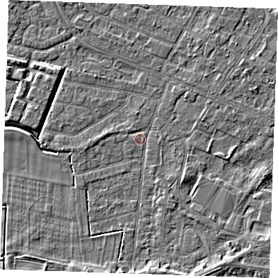 Shaded relief map of the ground around PE252HB, computed from Environment Agency LiDAR. The ground here sits at about 2 m above sea level and falls 4 m across the surrounding 800 m. Surface water reaching this point runs off ground lying to the south, 2.6 m higher.