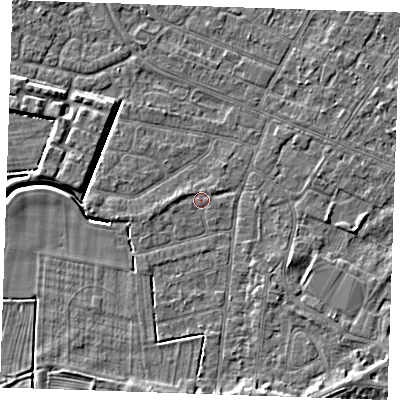 Shaded relief map of the ground around PE252HD, computed from Environment Agency LiDAR. The ground here sits at about 2 m above sea level and falls 4 m across the surrounding 800 m. Surface water reaching this point runs off ground lying to the west, 0.8 m higher.