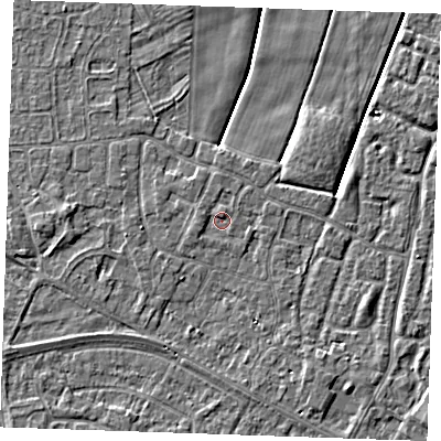 Shaded relief map of the ground around PE252HE, computed from Environment Agency LiDAR. The ground here sits at about 2 m above sea level and falls 3 m across the surrounding 800 m. Surface water reaching this point runs off ground lying to the west, 0.8 m higher.