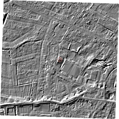 Shaded relief map of the ground around PE252HF, computed from Environment Agency LiDAR. The ground here sits at about 3 m above sea level and falls 4 m across the surrounding 800 m. Surface water reaching this point runs off ground lying to the south-west, 0.9 m higher.