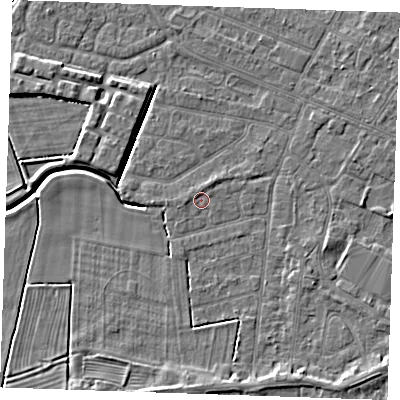 Shaded relief map of the ground around PE252HH, computed from Environment Agency LiDAR. The ground here sits at about 2 m above sea level and falls 5 m across the surrounding 800 m. Surface water reaching this point runs off ground lying to the north, 0.8 m higher.