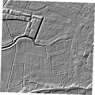 Shaded relief map of the ground around PE252HJ, computed from Environment Agency LiDAR. The ground here sits at about 3 m above sea level and falls 5 m across the surrounding 800 m. Surface water reaching this point runs off ground lying to the north-north-west, 0.6 m higher.