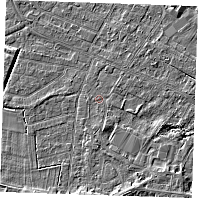 Shaded relief map of the ground around PE252HN, computed from Environment Agency LiDAR. The ground here sits at about 2 m above sea level and falls 4 m across the surrounding 800 m. Surface water reaching this point runs off ground lying to the south, 1.1 m higher.