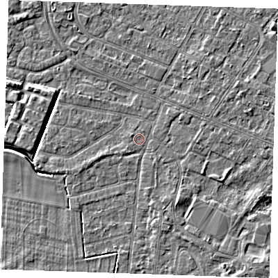 Shaded relief map of the ground around PE252HP, computed from Environment Agency LiDAR. The ground here sits at about 2 m above sea level and falls 4 m across the surrounding 800 m. Surface water reaching this point runs off ground lying to the south-south-east, 1.7 m higher.