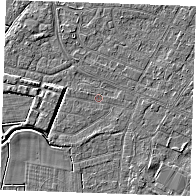 Shaded relief map of the ground around PE252HR, computed from Environment Agency LiDAR. The ground here sits at about 2 m above sea level and falls 4 m across the surrounding 800 m. Surface water reaching this point runs off ground lying to the west-north-west, 0.8 m higher.