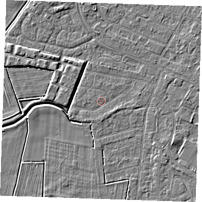 Shaded relief map of the ground around PE252HT, computed from Environment Agency LiDAR. The ground here sits at about 2 m above sea level and falls 4 m across the surrounding 800 m. Surface water reaching this point runs off ground lying to the south, 0.7 m higher.