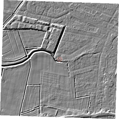 Shaded relief map of the ground around PE252HY, computed from Environment Agency LiDAR. The ground here sits at about 3 m above sea level and falls 5 m across the surrounding 800 m. Surface water reaching this point runs off ground lying to the east-south-east, 3.0 m higher.