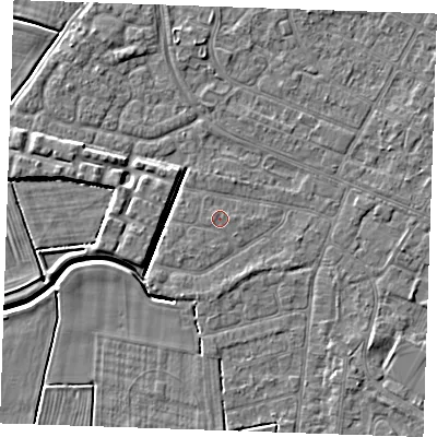 Shaded relief map of the ground around PE252HZ, computed from Environment Agency LiDAR. The ground here sits at about 2 m above sea level and falls 4 m across the surrounding 800 m. The ground contributing surface water to this point lies to the west-south-west.