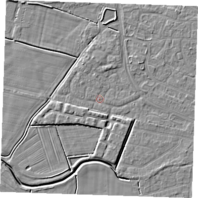 Shaded relief map of the ground around PE252JA, computed from Environment Agency LiDAR. The ground here sits at about 2 m above sea level and falls 4 m across the surrounding 800 m. Surface water reaching this point runs off ground lying to the west-south-west, 1.9 m higher.