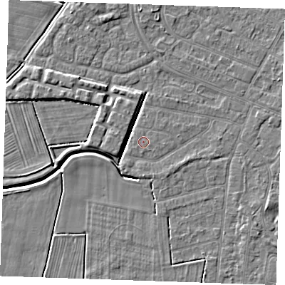 Shaded relief map of the ground around PE252JB, computed from Environment Agency LiDAR. The ground here sits at about 3 m above sea level and falls 4 m across the surrounding 800 m. The ground contributing surface water to this point lies to the south-west.