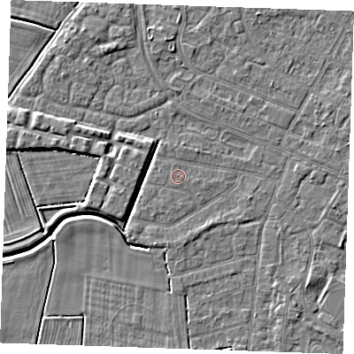 Shaded relief map of the ground around PE252JD, computed from Environment Agency LiDAR. The ground here sits at about 3 m above sea level and falls 4 m across the surrounding 800 m. The ground contributing surface water to this point lies to the south-south-east.