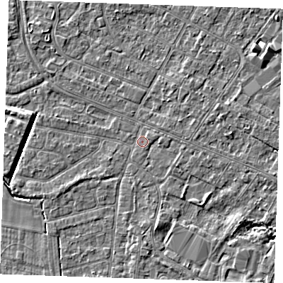 Shaded relief map of the ground around PE252JE, computed from Environment Agency LiDAR. The ground here sits at about 2 m above sea level and falls 4 m across the surrounding 800 m. Surface water reaching this point runs off ground lying to the south, 1.7 m higher.