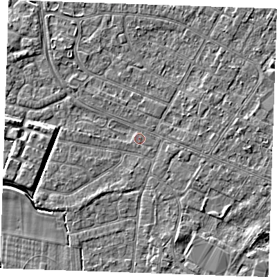 Shaded relief map of the ground around PE252JF, computed from Environment Agency LiDAR. The ground here sits at about 2 m above sea level and falls 4 m across the surrounding 800 m. Surface water reaching this point runs off ground lying to the west, 3.4 m higher.