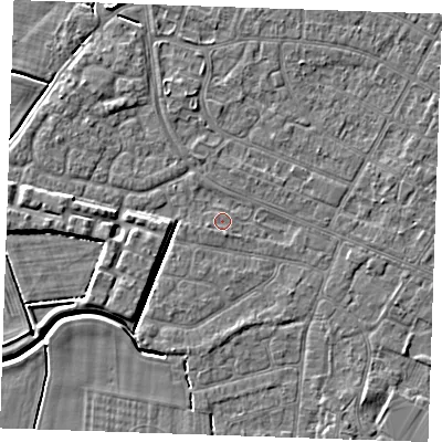 Shaded relief map of the ground around PE252JN, computed from Environment Agency LiDAR. The ground here sits at about 2 m above sea level and falls 4 m across the surrounding 800 m. Surface water reaching this point runs off ground lying to the south-south-east, 1.0 m higher.