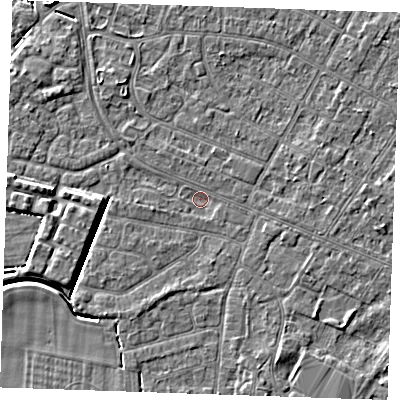 Shaded relief map of the ground around PE252JR, computed from Environment Agency LiDAR. The ground here sits at about 2 m above sea level and falls 4 m across the surrounding 800 m. Surface water reaching this point runs off ground lying to the west, 3.5 m higher.