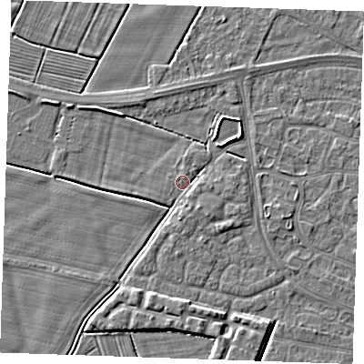 Shaded relief map of the ground around PE252JT, computed from Environment Agency LiDAR. The ground here sits at about 2 m above sea level and falls 4 m across the surrounding 800 m. Surface water reaching this point runs off ground lying to the south-east, 1.9 m higher.