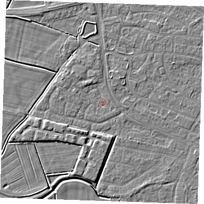Shaded relief map of the ground around PE252JW, computed from Environment Agency LiDAR. The ground here sits at about 2 m above sea level and falls 4 m across the surrounding 800 m. Surface water reaching this point runs off ground lying to the south-south-west, 0.5 m higher.