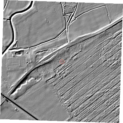 Shaded relief map of the ground around PE252JX, computed from Environment Agency LiDAR. The ground here sits at about 3 m above sea level and falls 6 m across the surrounding 800 m. Surface water reaching this point runs off ground lying to the west-north-west, 1.5 m higher.