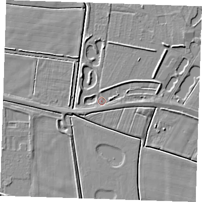 Shaded relief map of the ground around PE252LA, computed from Environment Agency LiDAR. The ground here sits at about 2 m above sea level and falls 4 m across the surrounding 800 m. Surface water reaching this point runs off ground lying to the east-north-east, 2.4 m higher.