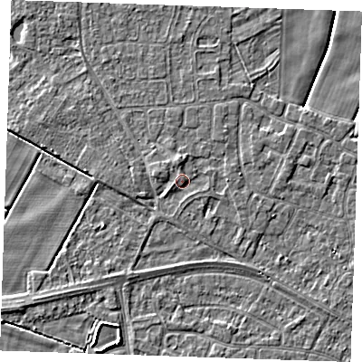 Shaded relief map of the ground around PE252LB, computed from Environment Agency LiDAR. The ground here sits at about 3 m above sea level and falls 3 m across the surrounding 800 m. Surface water reaching this point runs off ground lying to the north-west, 0.8 m higher.
