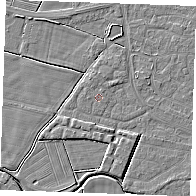 Shaded relief map of the ground around PE252LD, computed from Environment Agency LiDAR. The ground here sits at about 3 m above sea level and falls 4 m across the surrounding 800 m. Surface water reaching this point runs off ground lying to the west, 0.6 m higher.