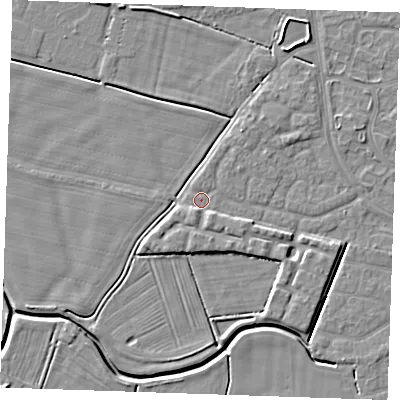 Shaded relief map of the ground around PE252LE, computed from Environment Agency LiDAR. The ground here sits at about 2 m above sea level and falls 5 m across the surrounding 800 m. Surface water reaching this point runs off ground lying to the south, 1.9 m higher.