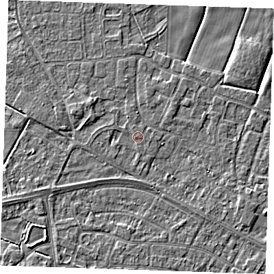 Shaded relief map of the ground around PE252LF, computed from Environment Agency LiDAR. The ground here sits at about 2 m above sea level and falls 4 m across the surrounding 800 m. Surface water reaching this point runs off ground lying to the west, 0.8 m higher.