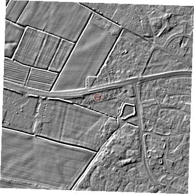 Shaded relief map of the ground around PE252LG, computed from Environment Agency LiDAR. The ground here sits at about 2 m above sea level and falls 3 m across the surrounding 800 m. Surface water reaching this point runs off ground lying to the west-south-west, 2.3 m higher.