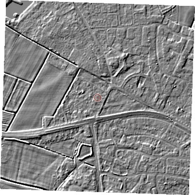 Shaded relief map of the ground around PE252LH, computed from Environment Agency LiDAR. The ground here sits at about 2 m above sea level and falls 3 m across the surrounding 800 m. The ground contributing surface water to this point lies to the south-south-west.