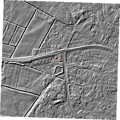 Shaded relief map of the ground around PE252LL, computed from Environment Agency LiDAR. The ground here sits at about 2 m above sea level and falls 3 m across the surrounding 800 m. Surface water reaching this point runs off ground lying to the south, 2.5 m higher.