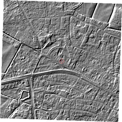 Shaded relief map of the ground around PE252LN, computed from Environment Agency LiDAR. The ground here sits at about 2 m above sea level and falls 3 m across the surrounding 800 m. Surface water reaching this point runs off ground lying to the west-north-west, 0.6 m higher.