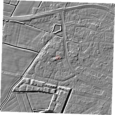Shaded relief map of the ground around PE252LP, computed from Environment Agency LiDAR. The ground here sits at about 3 m above sea level and falls 4 m across the surrounding 800 m. Surface water reaching this point runs off ground lying to the west-south-west, 0.8 m higher.