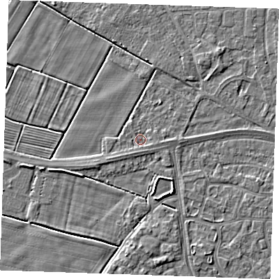 Shaded relief map of the ground around PE252LQ, computed from Environment Agency LiDAR. The ground here sits at about 2 m above sea level and falls 3 m across the surrounding 800 m. Surface water reaching this point runs off ground lying to the east, 0.9 m higher.