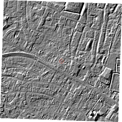 Shaded relief map of the ground around PE252LR, computed from Environment Agency LiDAR. The ground here sits at about 2 m above sea level and falls 3 m across the surrounding 800 m. Surface water reaching this point runs off ground lying to the south-east, 1.0 m higher.