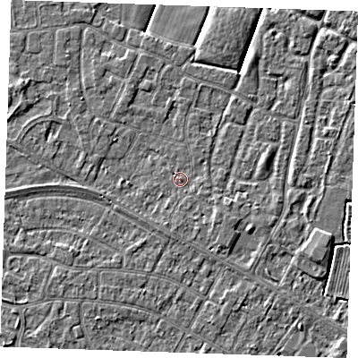 Shaded relief map of the ground around PE252LS, computed from Environment Agency LiDAR. The ground here sits at about 2 m above sea level and falls 3 m across the surrounding 800 m. Surface water reaching this point runs off ground lying to the south-south-east, 1.0 m higher.