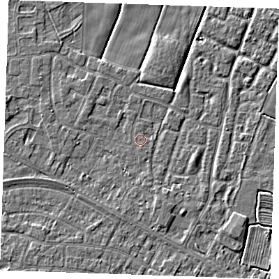 Shaded relief map of the ground around PE252LT, computed from Environment Agency LiDAR. The ground here sits at about 2 m above sea level and falls 3 m across the surrounding 800 m. Surface water reaching this point runs off ground lying to the west-north-west, 1.2 m higher.