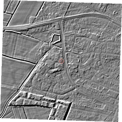 Shaded relief map of the ground around PE252LU, computed from Environment Agency LiDAR. The ground here sits at about 3 m above sea level and falls 4 m across the surrounding 800 m. Surface water reaching this point runs off ground lying to the east-north-east, 0.9 m higher.