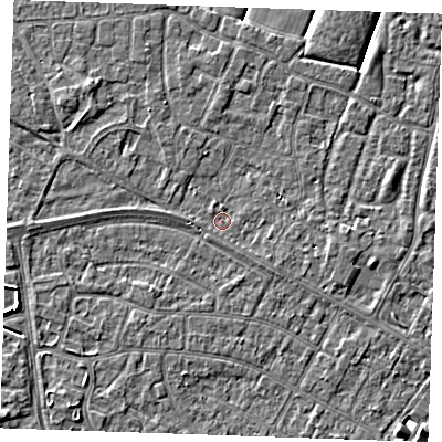 Shaded relief map of the ground around PE252LW, computed from Environment Agency LiDAR. The ground here sits at about 2 m above sea level and falls 3 m across the surrounding 800 m. Surface water reaching this point runs off ground lying to the east-south-east, 1.0 m higher.