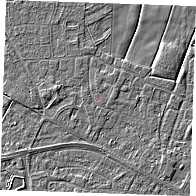 Shaded relief map of the ground around PE252LX, computed from Environment Agency LiDAR. The ground here sits at about 2 m above sea level and falls 4 m across the surrounding 800 m. The ground contributing surface water to this point lies to the west-south-west.