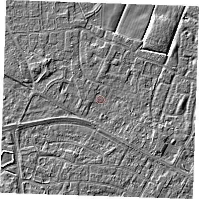Shaded relief map of the ground around PE252LY, computed from Environment Agency LiDAR. The ground here sits at about 2 m above sea level and falls 4 m across the surrounding 800 m. Surface water reaching this point runs off ground lying to the west-north-west, 0.9 m higher.
