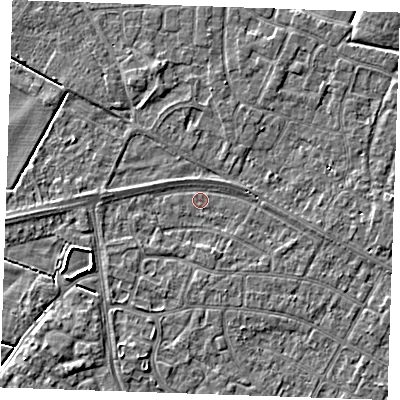 Shaded relief map of the ground around PE252NB, computed from Environment Agency LiDAR. The ground here sits at about 2 m above sea level and falls 3 m across the surrounding 800 m. Surface water reaching this point runs off ground lying to the south-south-east, 1.3 m higher.