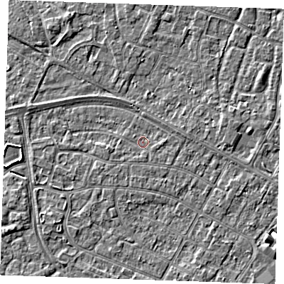Shaded relief map of the ground around PE252ND, computed from Environment Agency LiDAR. The ground here sits at about 2 m above sea level and falls 3 m across the surrounding 800 m. Surface water reaching this point runs off ground lying to the west, 1.0 m higher.