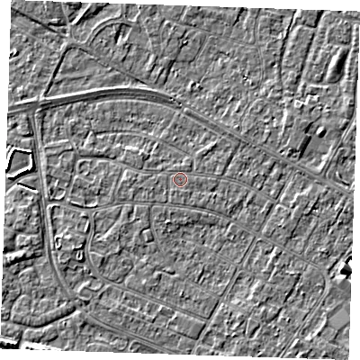 Shaded relief map of the ground around PE252NJ, computed from Environment Agency LiDAR. The ground here sits at about 2 m above sea level and falls 3 m across the surrounding 800 m. The ground contributing surface water to this point lies to the west-south-west.