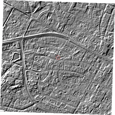 Shaded relief map of the ground around PE252NL, computed from Environment Agency LiDAR. The ground here sits at about 2 m above sea level and falls 3 m across the surrounding 800 m. Surface water reaching this point runs off ground lying to the east-north-east, 0.8 m higher.