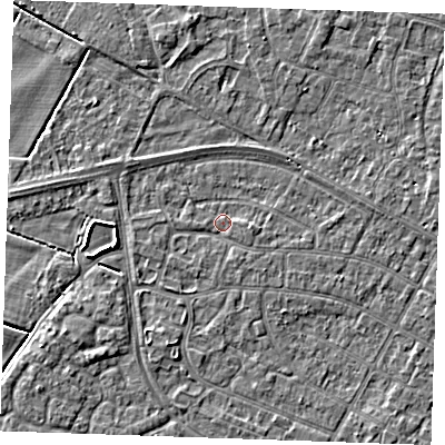 Shaded relief map of the ground around PE252NN, computed from Environment Agency LiDAR. The ground here sits at about 2 m above sea level and falls 3 m across the surrounding 800 m. Surface water reaching this point runs off ground lying to the east, 1.0 m higher.