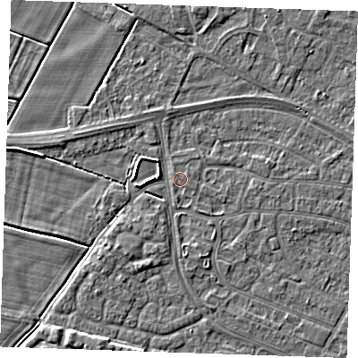 Shaded relief map of the ground around PE252NP, computed from Environment Agency LiDAR. The ground here sits at about 2 m above sea level and falls 3 m across the surrounding 800 m. Surface water reaching this point runs off ground lying to the south-south-west, 1.3 m higher.