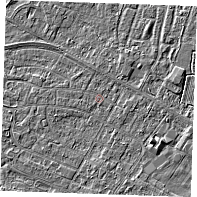 Shaded relief map of the ground around PE252NQ, computed from Environment Agency LiDAR. The ground here sits at about 2 m above sea level and falls 3 m across the surrounding 800 m. The ground contributing surface water to this point lies to the west.