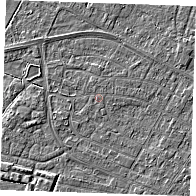 Shaded relief map of the ground around PE252NS, computed from Environment Agency LiDAR. The ground here sits at about 2 m above sea level and falls 3 m across the surrounding 800 m. The ground contributing surface water to this point lies to the north-north-east.